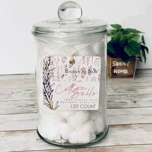 NWT Maison de Base Gorgeous Large Clear Glass Jar w/suction Lid 120 Cotton Balls